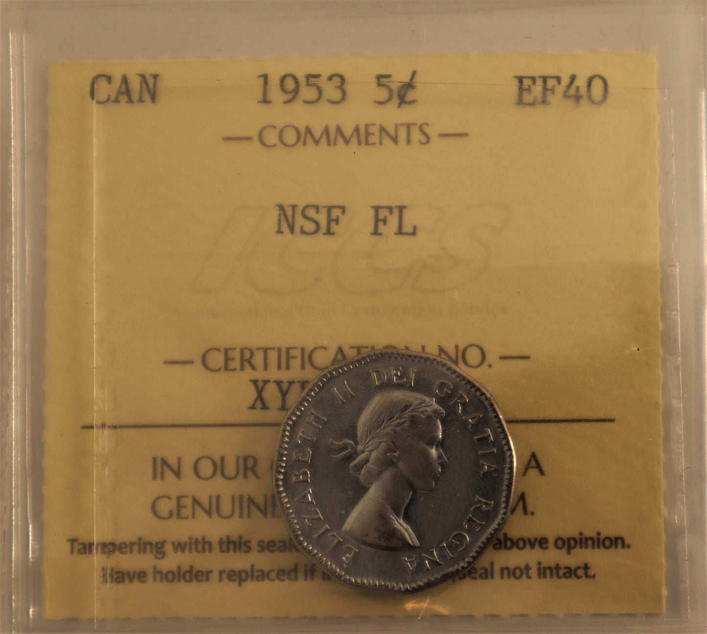 1953 5 Cent Coin No Shoulder Fold, Far Maple Leaf ICCS Grade EF-40 Cert# XYL 583