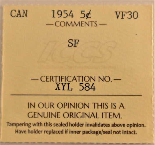 1954 5 Cent Coin Shoulder Fold ICCS Grade VF-30 Cert# XYL 584