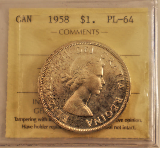 1958 Silver Dollar Coin ICCS Grade PL-64 Cert# XJB 649