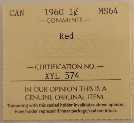 1960 1 Cent Coin ICCS Grade MS-64 Red, Cert# XYL 574