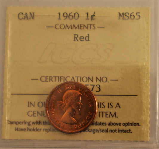 1960 1 Cent Coin ICCS Grade MS-65 Red Cert# XYL 573