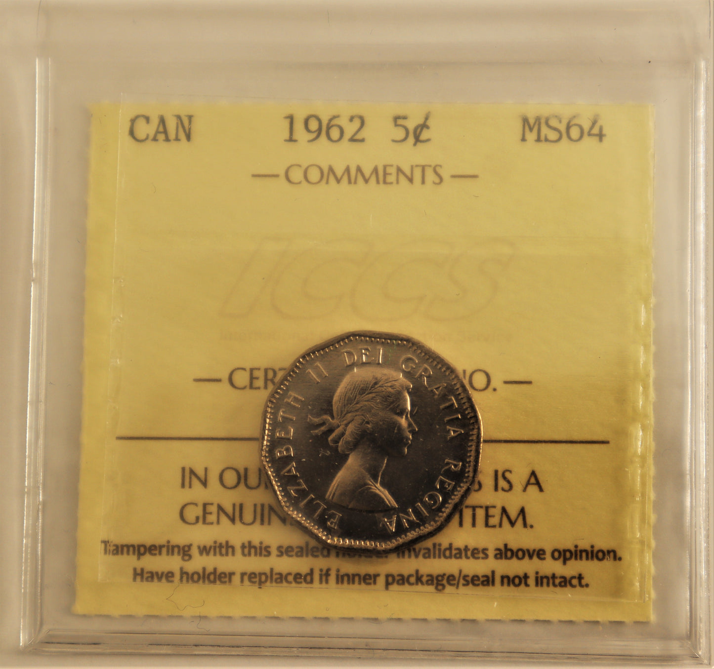 1962 5 Cent ICCS Grade MS64 Cert. no. XYL 589