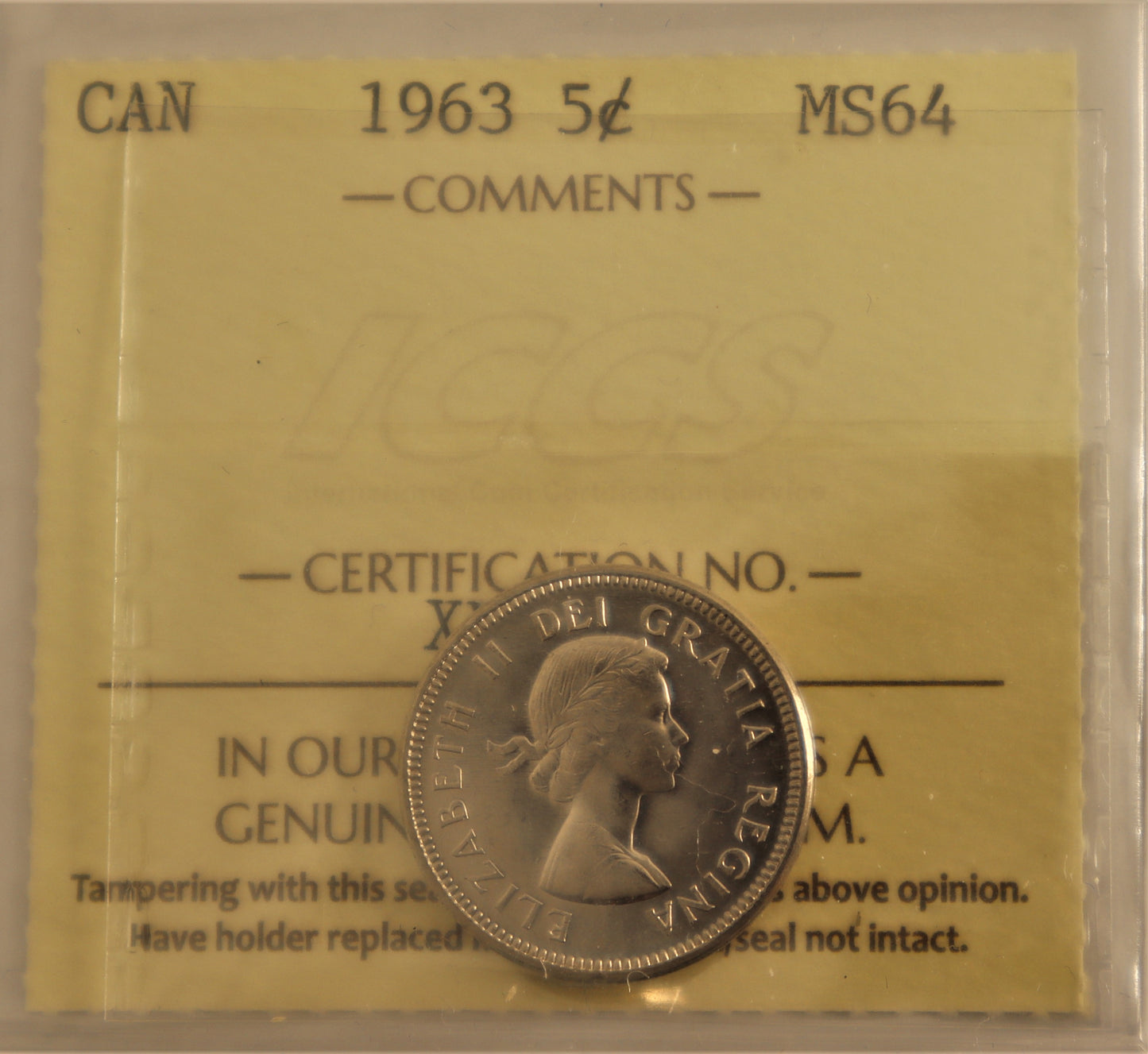 1963 5 Cent Coin ICCS Grade MS-64 Cert# XYL 593