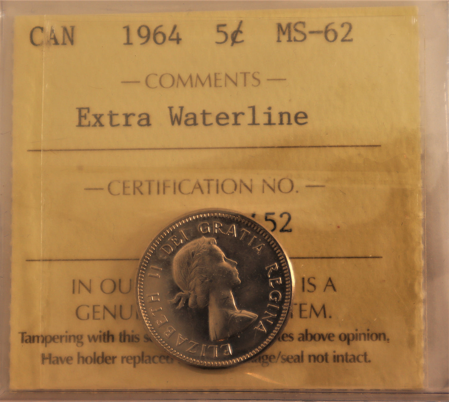 1964 5 Cent Coin Extra Water Line ICCS Grade MS-62 Cert# XQK 452