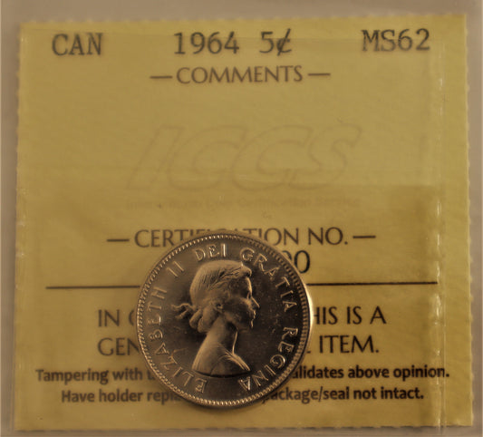 1964 5 Cent Coin ICCS Grade MS-62 Cert# XYL 590