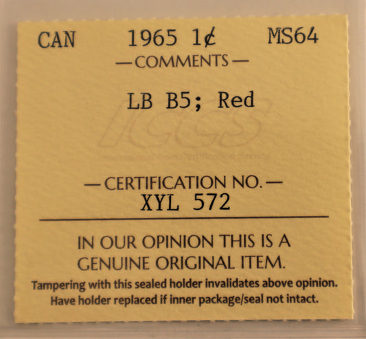 1965 1 Cent ICCS Grade MS64 Cert# XYL 572 Large Bead, Blunt 5, Red