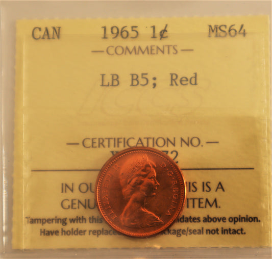 1965 1 Cent ICCS Grade MS64 Cert# XYL 572 Large Bead, Blunt 5, Red