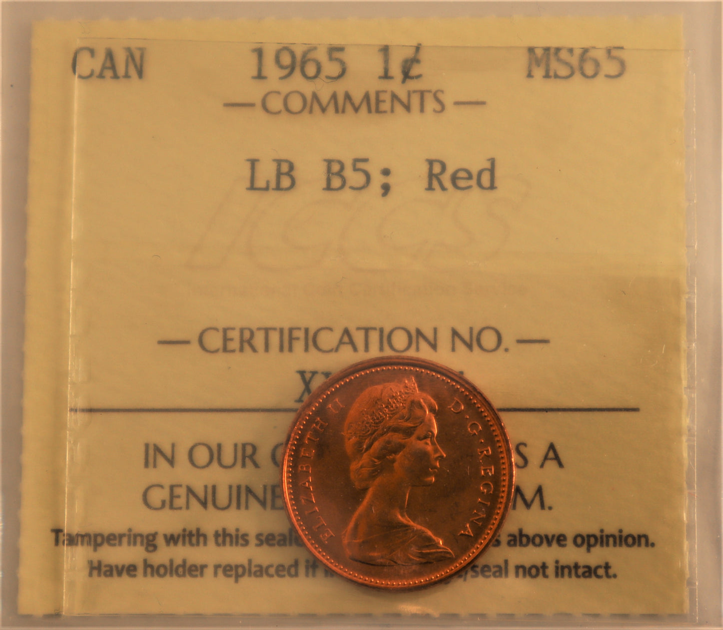 1965 1 Cent Coin Large Beads, Blunt 5, ICCS Grade MS-65 Cert# XYL 571