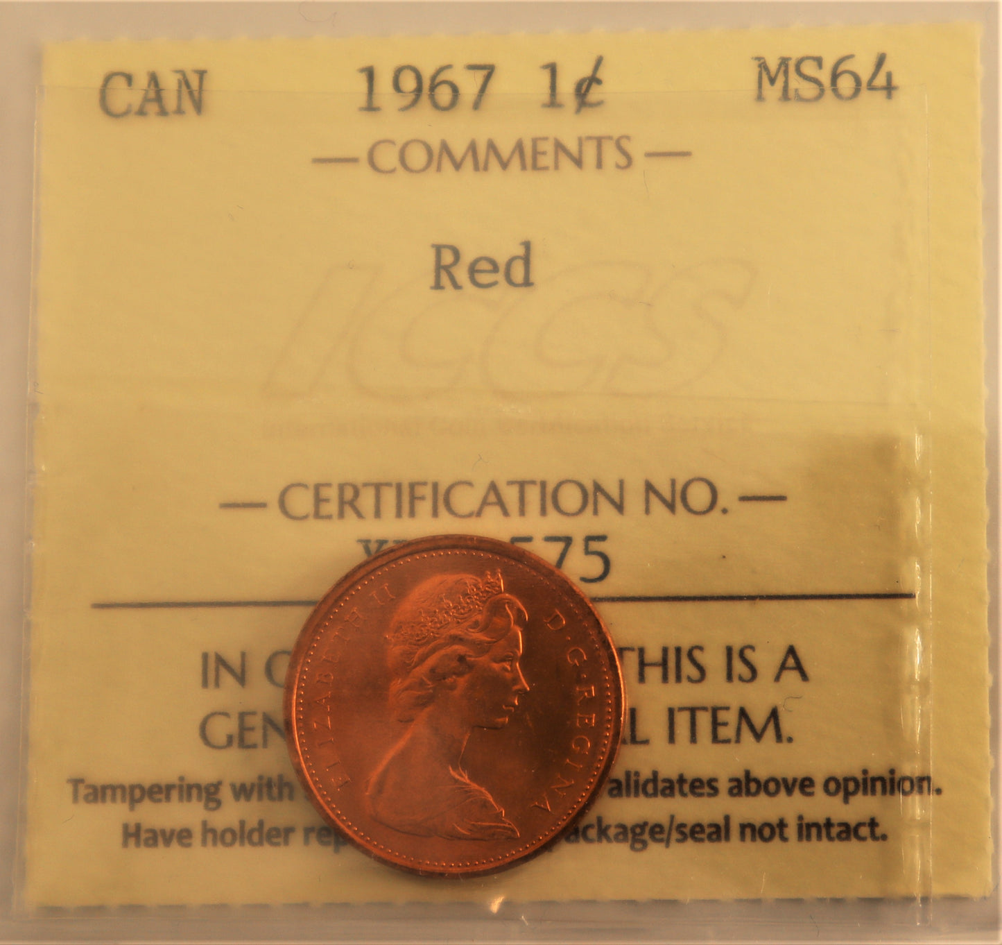 1967 1 Cent ICCS Grade MS-64 Red Cert# XYL 575
