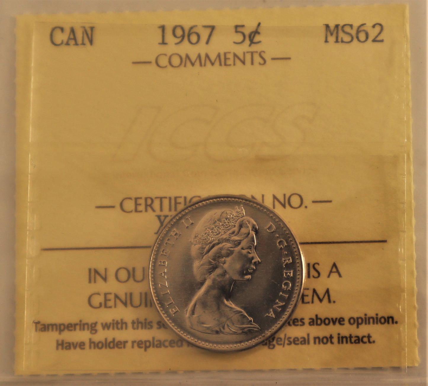1967 5 Cent ICCS Grade MS-62 Cert# XYL 595