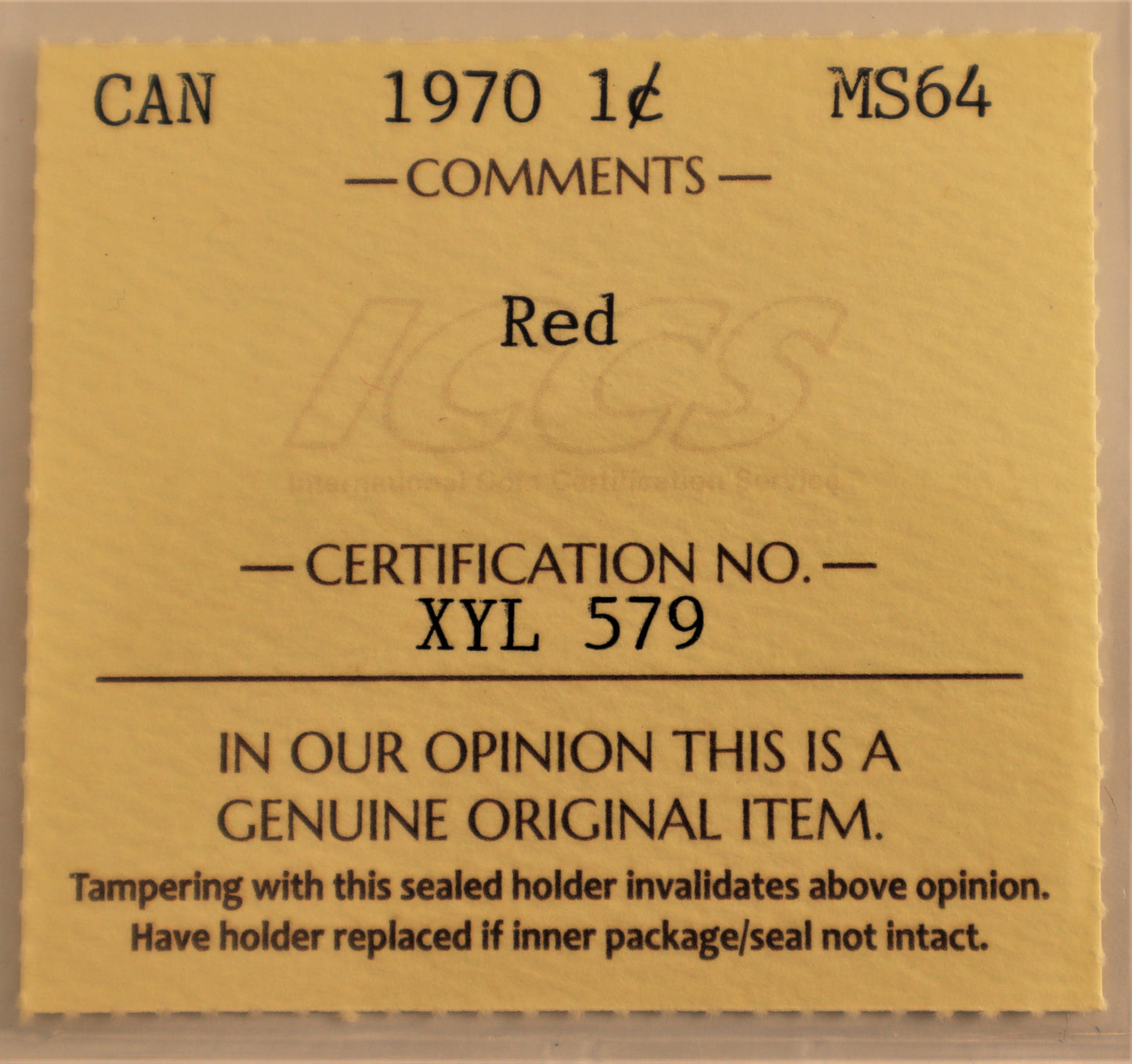 1970 1 Cent ICCS Grade MS-64 Red Cert# XYL 579