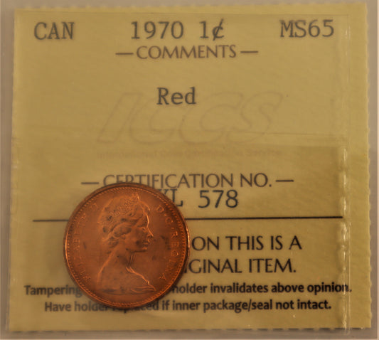1970 1 Cent Coin ICCS Grade MS-65 Red, Cert# XYL 578