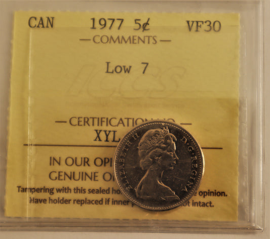 1977 5 Cent Coin Low 7 ICCS GradeVF-30 Cert# XYL 586