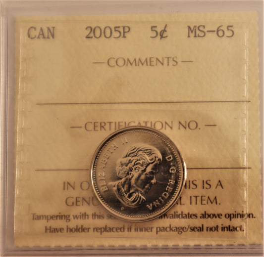 2005P 5 Cent Coin ICCS Grade MS-65 Cert# YO 353