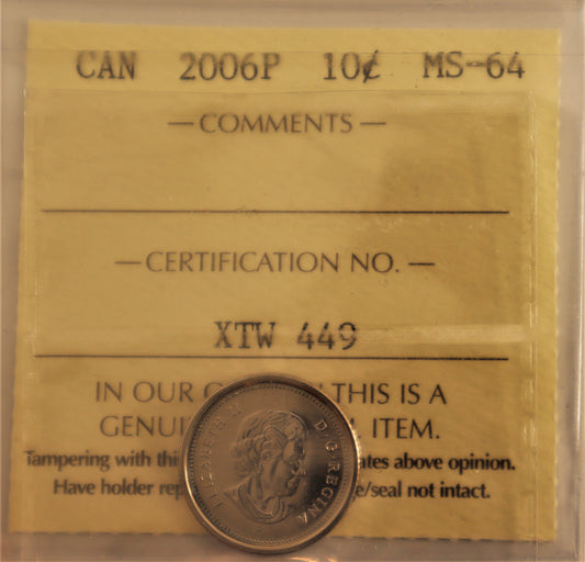 2006P 10- Cent Coin ICCS Grade MS-64 Cert# XTW 449