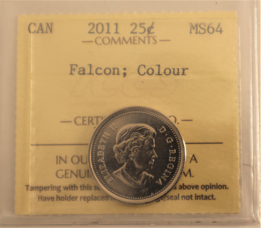 2011 25 Cent Coin Peregrine Falcon Colourized ICCS Grade MS-64 Cert# XYL 601