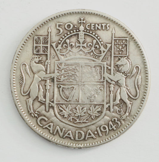 1943 Canadian Silver 50 Cent Coin Wide Date ,WD , Far 3  Cat #C0112