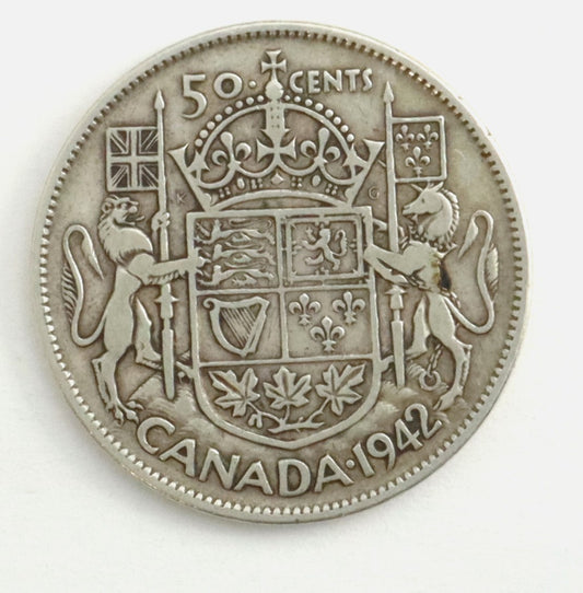 1942 Canadian Silver 50 Cent Coin Wide Date WD Cat #C0123