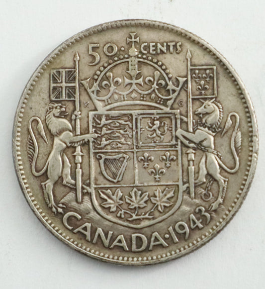 1943 Canadian Silver 50 Cent Coin Wide Date WD Far 3 Cat #C0126