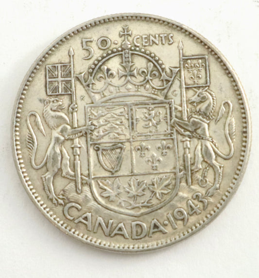 1943 Canadian Silver 50 Cent Coin Wide Date Far 3 WD3/3 Cat #C0128