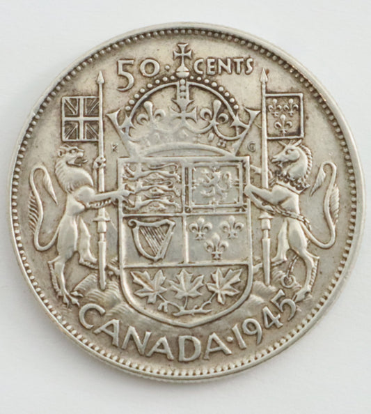 1945 Canadian Silver 50 Cent Coin Wide Date Pointed 5 WD-P5 Cat #C0132