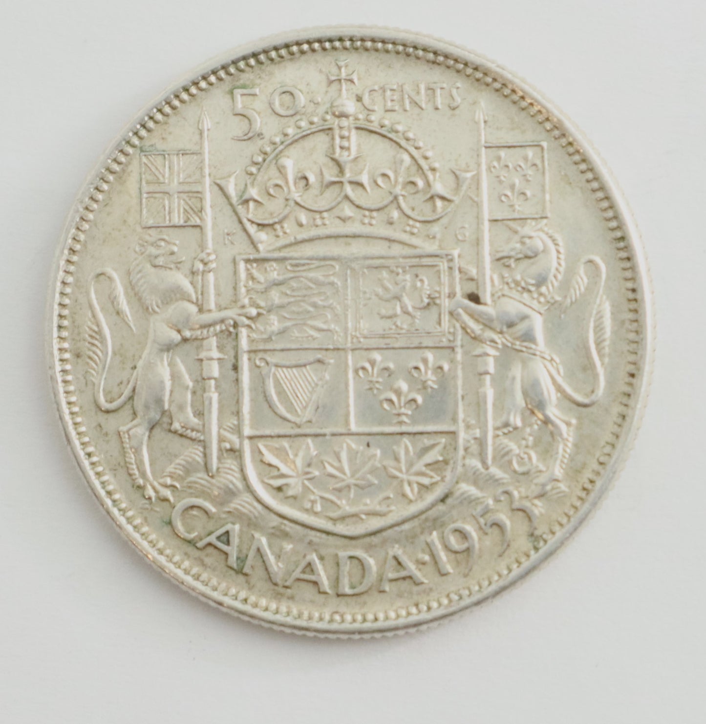 1953 Canadian Silver 50 Cent Coin Shoulder Fold Large Date SF-LD Cat #C0142