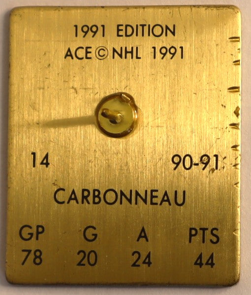 Guy Carbonneau Lapel Pin With His 1990-91 Stats On The Back
