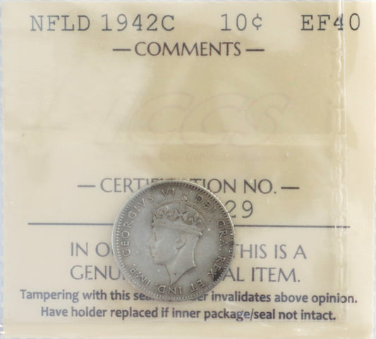 1942C NFLD 10 Cent EF40 Cert. XDM 929