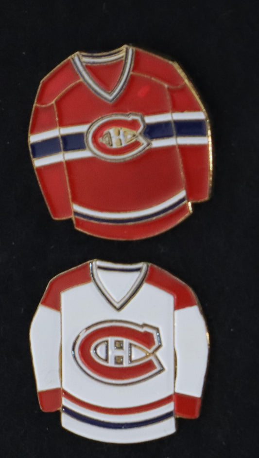 2 Canadiens Jersey Lapel Pins. One Red, the Other White